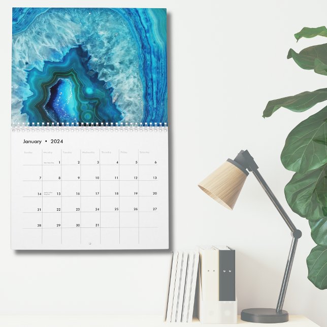 Stylish Blue Turquoise Modern Wall Calendar (Blue Turquoise Geode Stone Simple Modern Wall Calendar)