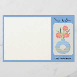 Stylish blue vase with colorful flowers design stationery