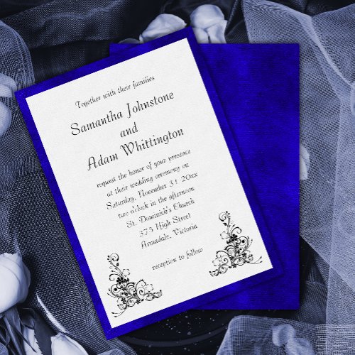 Stylish Blue Velvet and Black Ornaments Wedding Invitation
