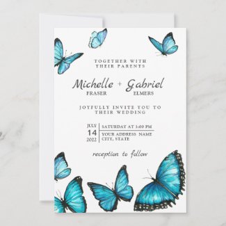 Stylish blue watercolor butterflies Modern Wedding Invitation