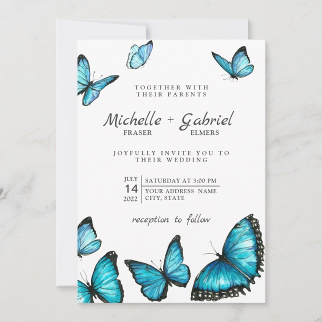 Stylish blue watercolor butterflies Modern Wedding Invitation (Front)