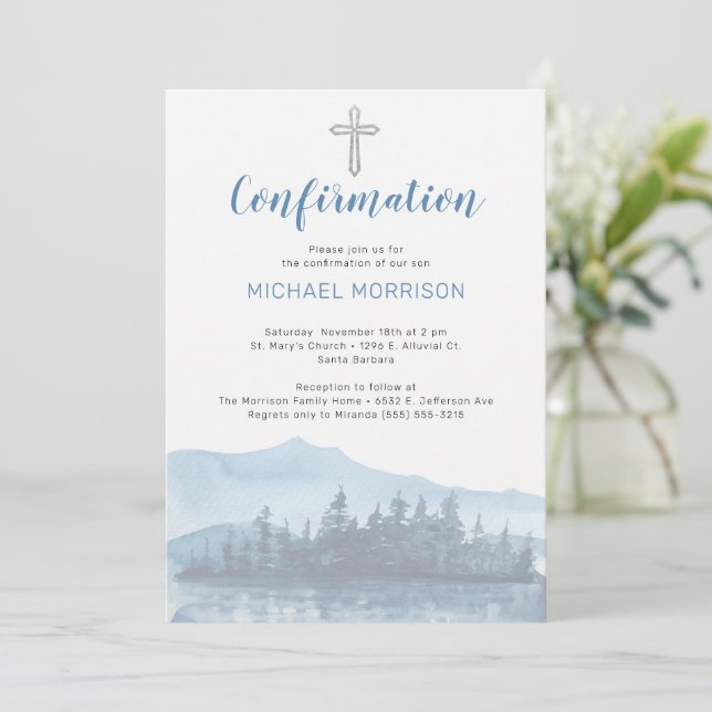 Stylish Blue Watercolor Confirmation Invitation (Standing Front)