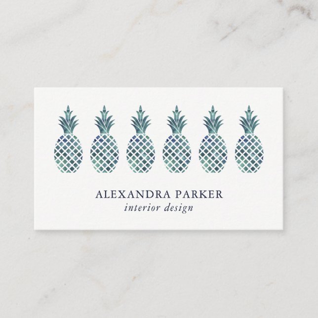Stylish Blue Watercolor Look Pineapples Business Card (Front)
