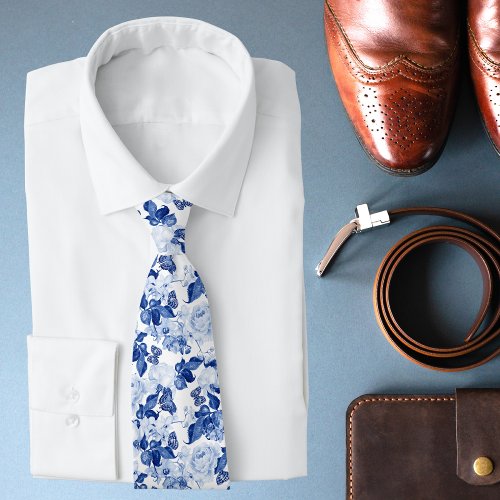 Stylish Blue White Botanical Floral Pattern Neck Tie