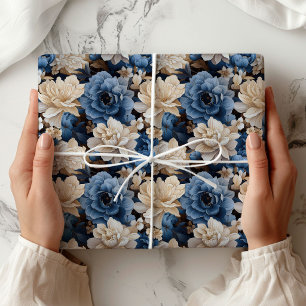 Stylish Blue White Floral Ivory Gift Wrapping Paper