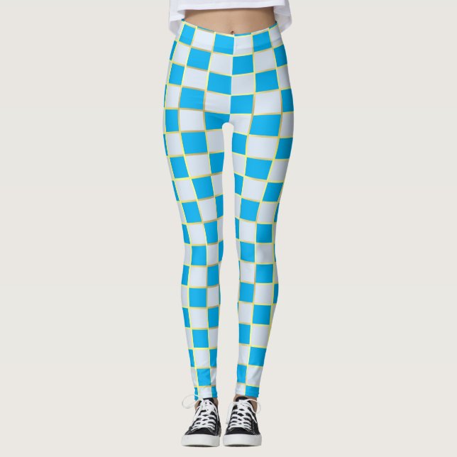 Stylish Blue White & Gold Checker Square Yoga Leggings (Front)