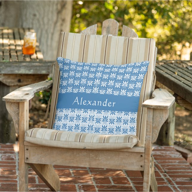 Stylish Blue & White Greek Floral Custom  Outdoor Pillow (Chair)