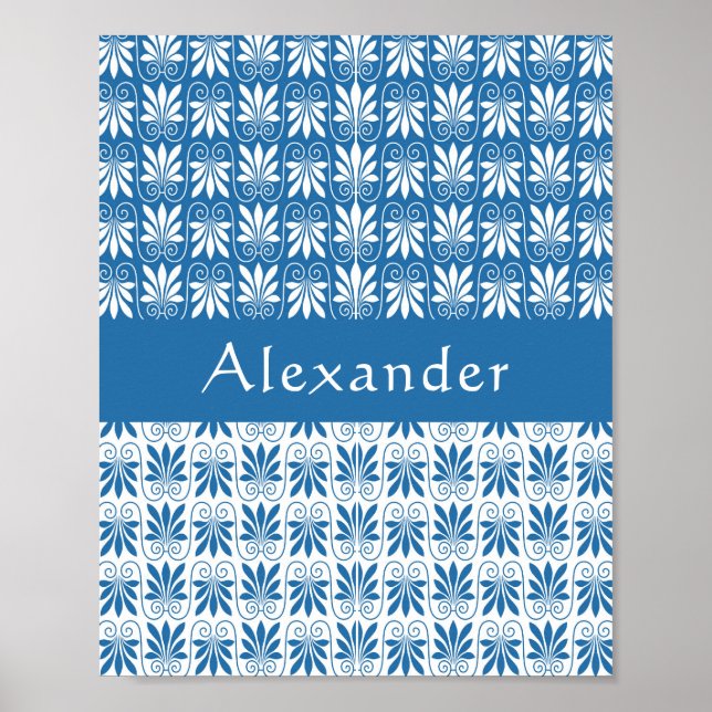 Stylish Blue & White Greek Floral Custom  Poster (Front)