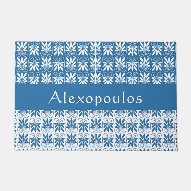 Stylish Blue & White Greek Floral Personalized Doormat (Front)