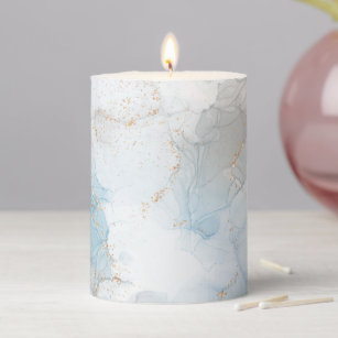 Stylish Blue White Grey Gold Marble Agate Abstract Pillar Candle