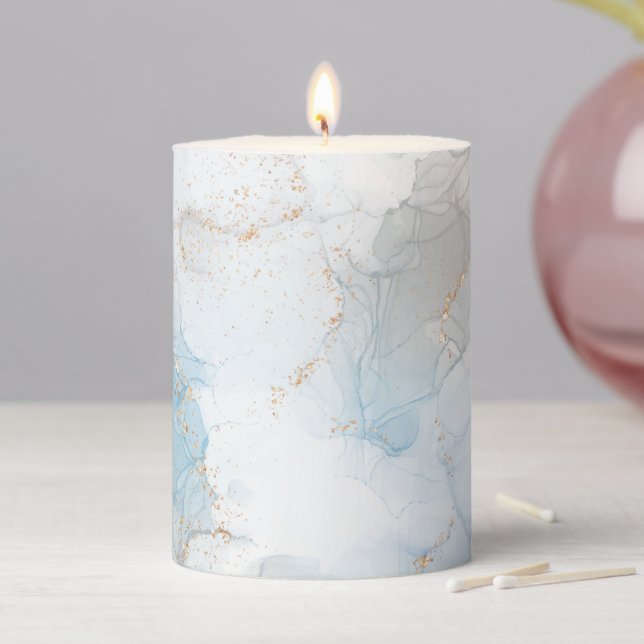 Stylish Blue White Grey Gold Marble Agate Abstract Pillar Candle (In Situ)