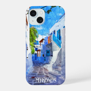Stylish Blue White Mykonos Greece Watercolor iPhone 15 Case