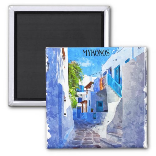 Stylish Blue White Mykonos Greece Watercolor Magnet