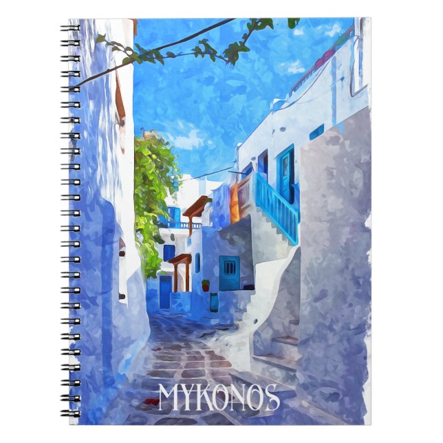 Stylish Blue White Mykonos Greece Watercolor Notebook (Front)