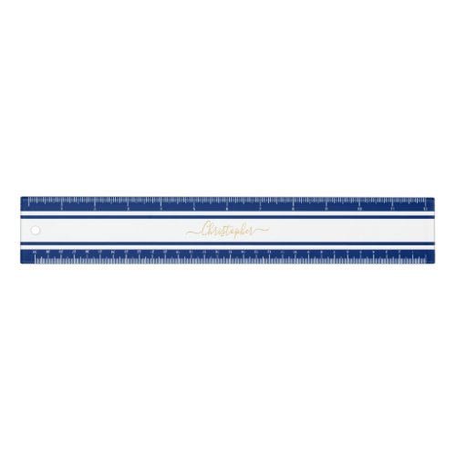 Stylish Blue White Racing Stripes Gold Monogrammed Ruler