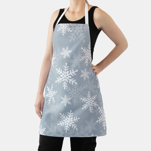 Stylish Blue & White Snowflakes Winter Holiday Apron (Insitu)