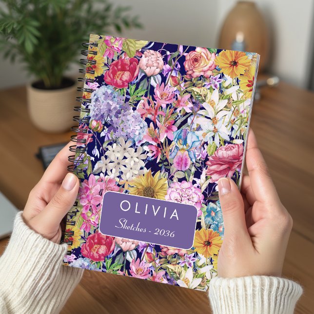 Stylish Blue Yellow Floral Pattern Monogram Notebook (Creator Uploaded)