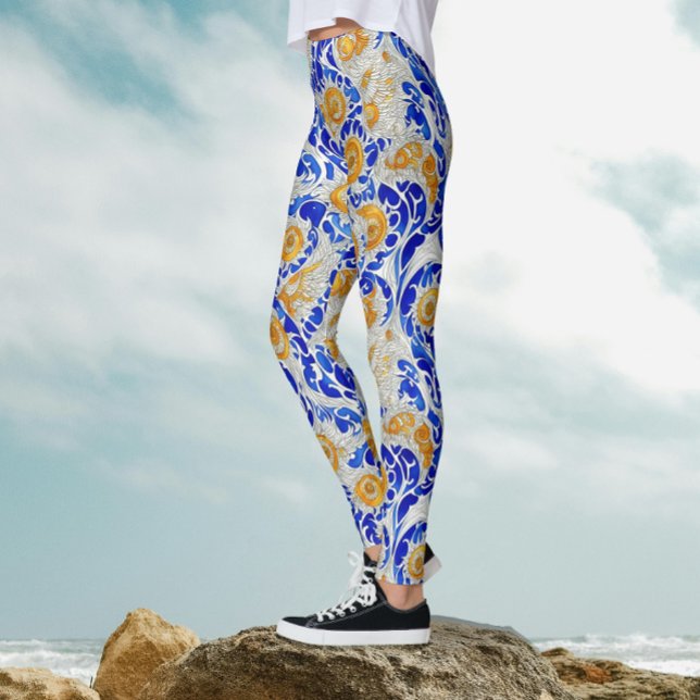 Stylish Blue Yellow Sunflower Arabesque Watercolor Leggings (Creator Uploaded)