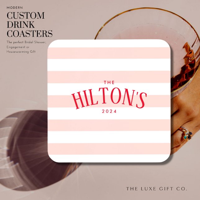 Stylish Blush and Red Stripe Bridal Shower Gift Beverage Coaster (Creator Uploaded)