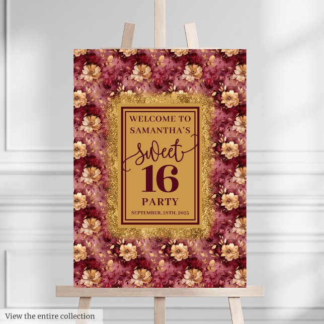 Stylish Blush Burgundy Gold Sweet 16 Event Sign (Stylish Blush Burgundy Gold Sweet 16 Event Sign)