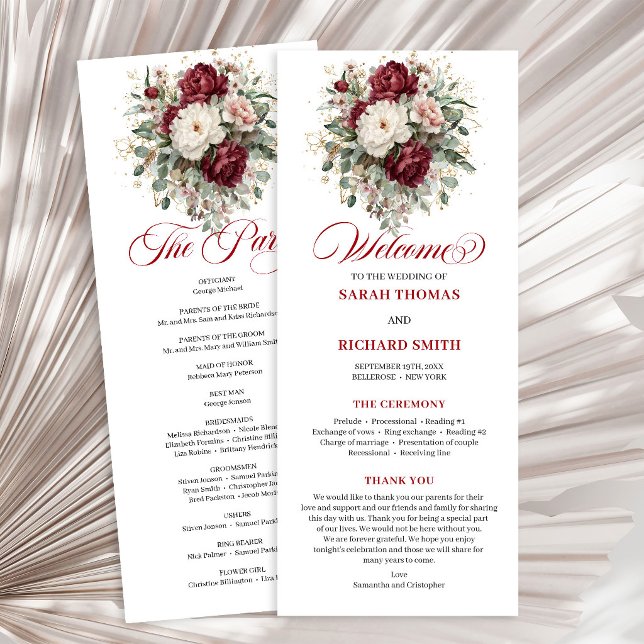 Stylish Blush Burgundy Greenery Wedding Program (Vintage Blush Burgundy Floral Wedding Program)