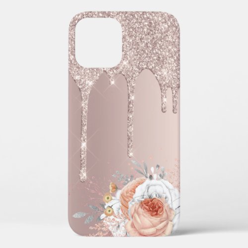 Stylish blush floral rose gold glitter drips iPhone 12 case