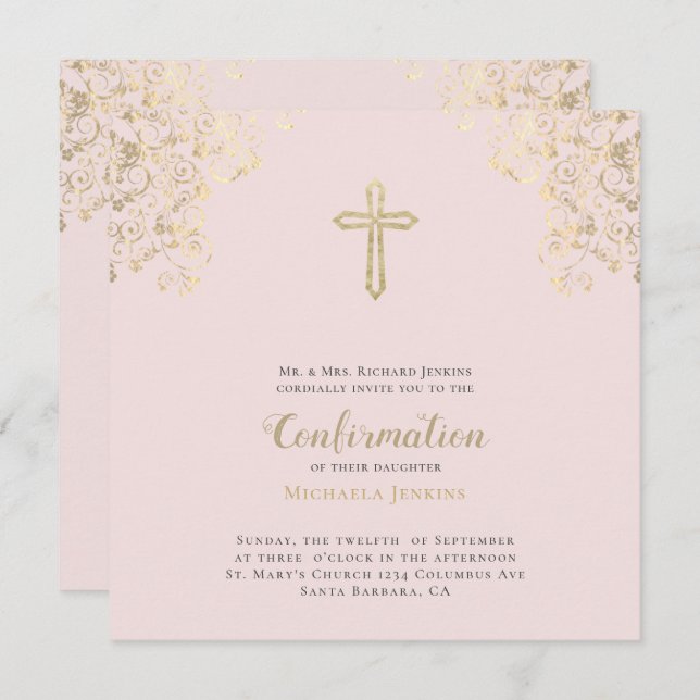 Stylish Blush Gold Cross Bible Verse Confirmation  Invitation (Front/Back)
