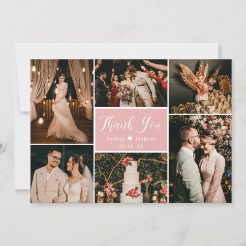 Stylish Blush Pink 6 Photo Collage Wedding Thank You Card
