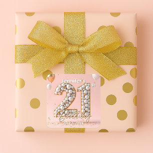 Stylish Blush Pink and Gold Pearly 21st Birthday Square Sticker