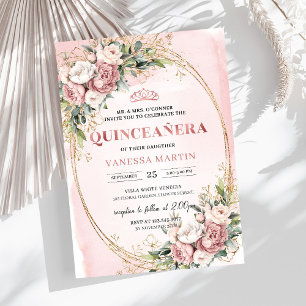 Stylish Blush Pink Floral Greenery Quinceañera  Invitation
