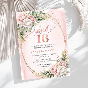 Stylish Blush Pink Floral Greenery Sweet Sixteen Invitation