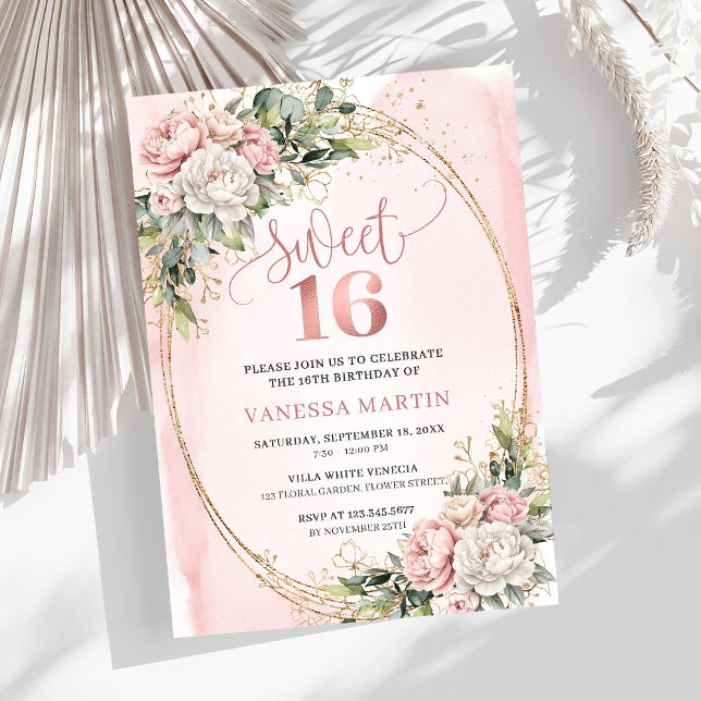 Stylish Blush Pink Floral Greenery Sweet Sixteen  Invitation (Stylish Blush Pink Floral Greenery Sweet Sixteen Invitation

)