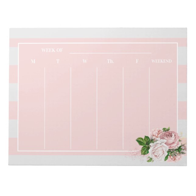 Stylish Blush Pink Floral Striped Weekly Plans Notepad (Front)