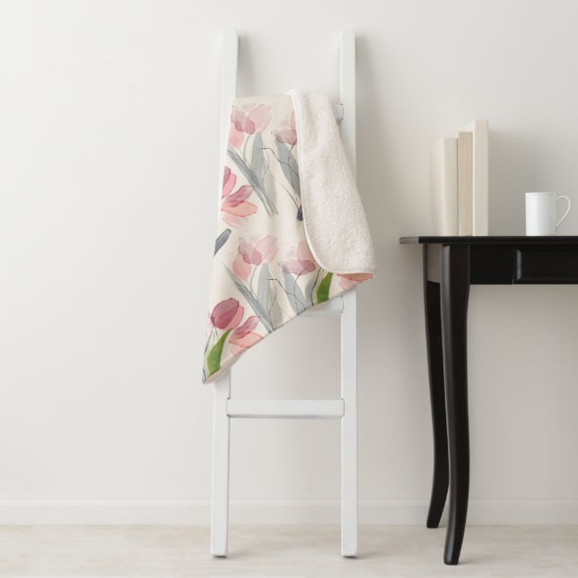 Stylish Blush Pink Flowers Sage Green Leaves Cream Sherpa Blanket (In Situ)