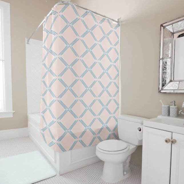 Stylish Blush Pink Geometric Pattern Lines Pretty Shower Curtain (In Situ)