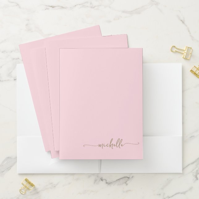 Stylish Blush Pink Girly Gold Monogram Name Script Pocket Folder (In Situ)