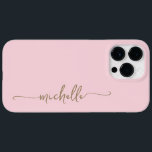 Stylish Blush Pink Girly Minimal Gold Name Script Case-Mate iPhone 14 Pro Max Case<br><div class="desc">Girly Simple Blush Pink Elegant Gold Monogram Name Signature Script Custom Personalized iPhone Case. These Minimalist design featuring your first name in a pretty hand lettered style swash tail font signature typography script in gold color on light baby pink or blush pink color background. So easy to customize. Great stylish...</div>