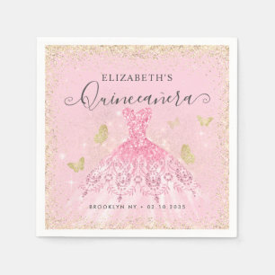 Stylish Blush Pink Gold Glitter Gown Quinceañera Napkins