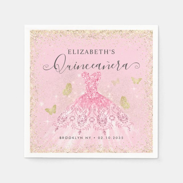 Stylish Blush Pink Gold Glitter Gown Quinceañera Napkins (Front)