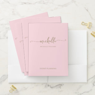 Stylish Blush Pink Gold Monogram Name Script Pocket Folder