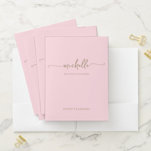 Stylish Blush Pink Gold Monogram Name Script Pocket Folder