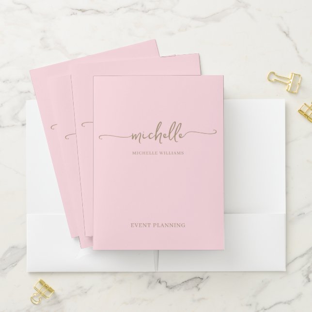 Stylish Blush Pink Gold Monogram Name Script Pocket Folder (In Situ)