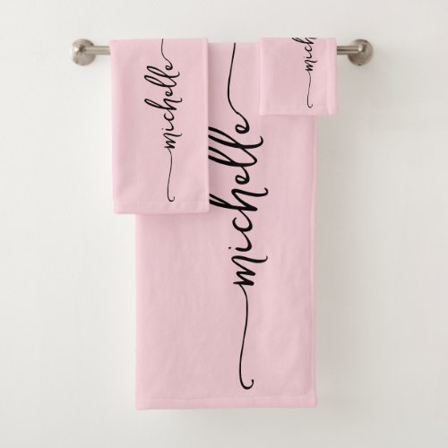 Stylish Blush Pink Monogram Name Script Signature  Bath Towel Set