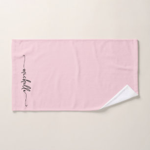 Stylish Blush Pink Monogram Name Script Signature Hand Towel