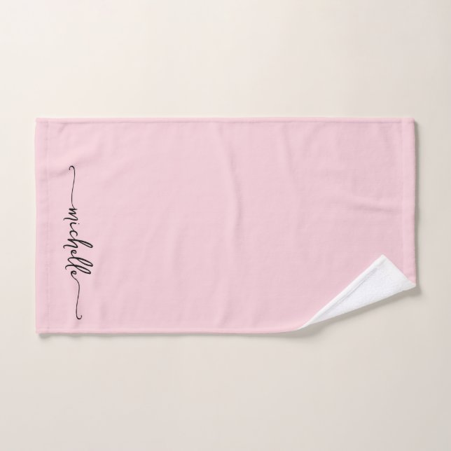Stylish Blush Pink Monogram Name Script Signature  Hand Towel (Hand Towel)