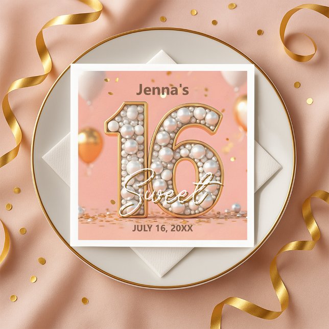 Stylish Blush Pink Pearl Gold Sweet 16 Birthday  Napkins (Creator Uploaded)