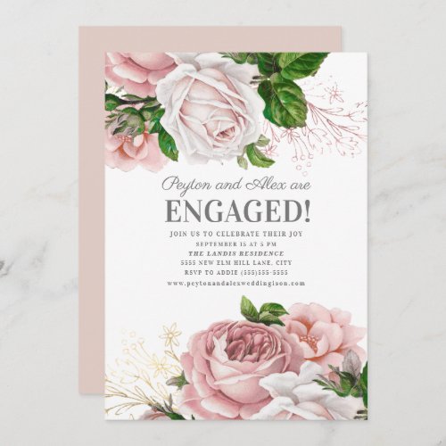 Stylish Blush Pink Vintage Roses Floral Engagement Invitation