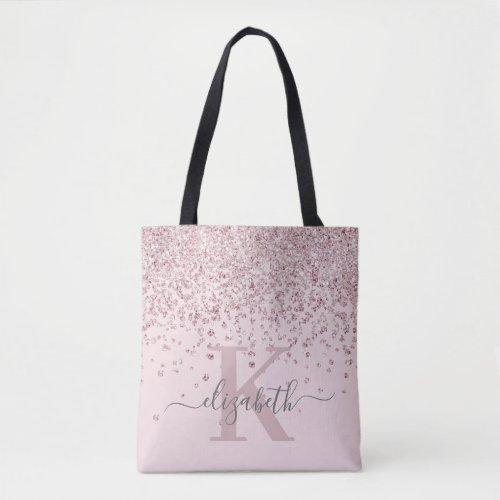 Stylish Blush Rose Gold Glitter Diamond Monogram Tote Bag