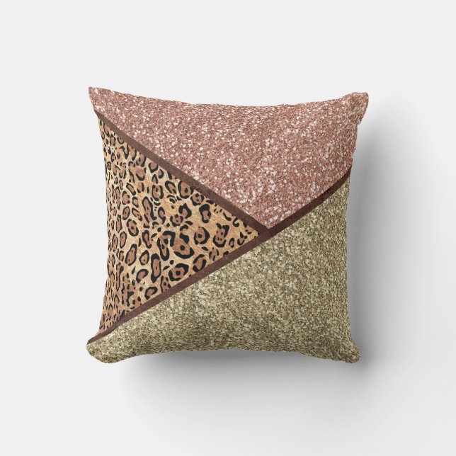 Stylish Blush Rose Gold Glitter Leopard Print Throw Pillow (Front)