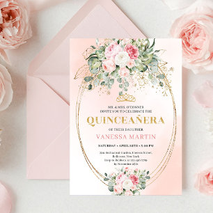 Stylish Blush Roses Greenery Quinceañera Invite